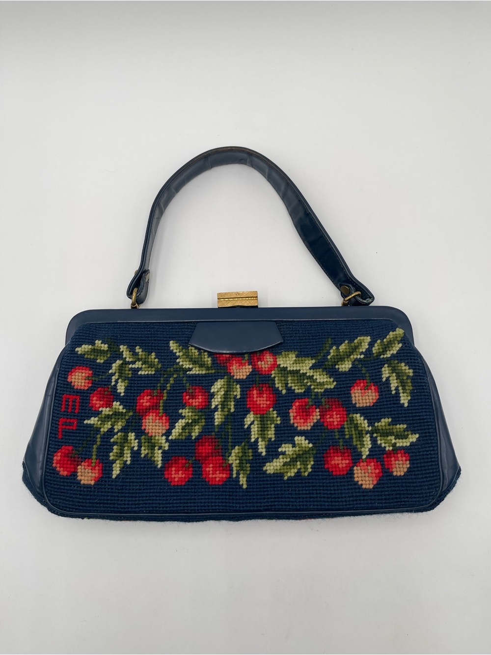 VTG Needlepoint Navy Blue Floral Tapestry Purse Shoulder Handbag Top Clasp